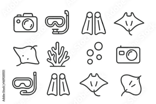 Underwater Photography Icons. Outline icon set of Adventure photography underwater: underwater camera, mask,