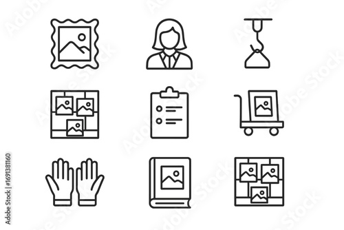 Art Curation Icons. Outline icon set of Art curation: framed piece, curator figure, hanging tool, wall grid,