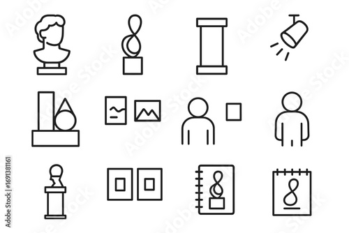 Modern Sculpture Icons. Outline icon set of Modern sculpture display: stone bust, abstract metal form,