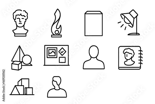 Modern Sculpture Icons. Outline icon set of Modern sculpture display: stone bust, abstract metal form,