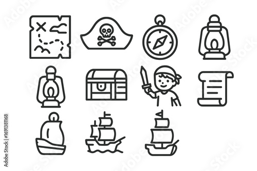 Adventure Icons Set. Outline icon set of Adventure stories: treasure map, pirate hat, compass, lantern, chest,