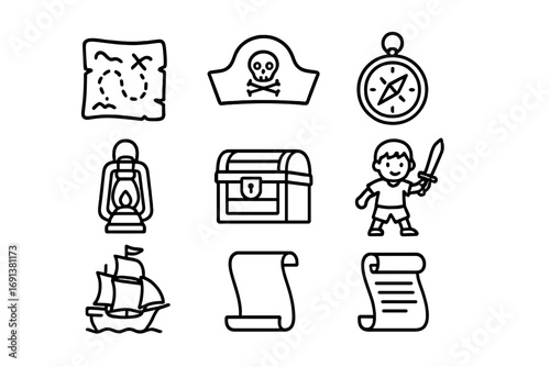 Adventure Icons Set. Outline icon set of Adventure stories: treasure map, pirate hat, compass, lantern, chest,