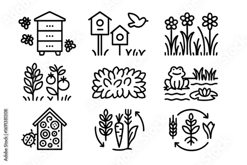 Agriculture Biodiversity Icons. Outline icon set of Biodiversity in agriculture: pollinator hives, birdhouses,