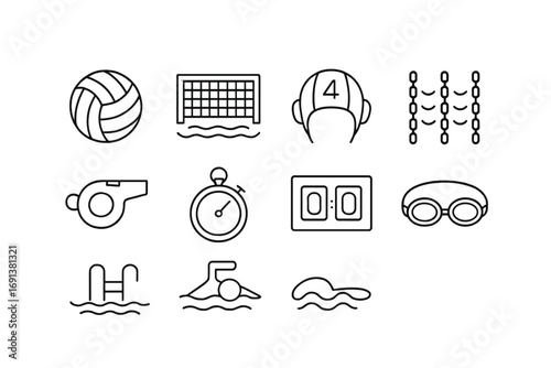 Water Polo Icons. Outline icon set of Water polo: ball, goal net, cap with number, swimming pool lanes,
