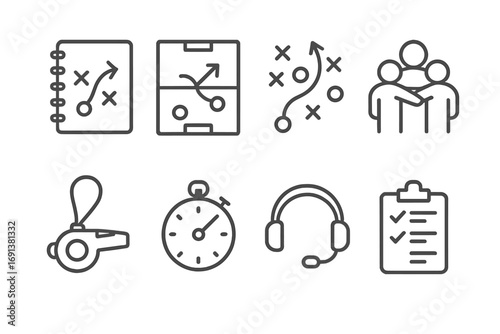 Team Strategy Icons. Outline icon set of Team strategy: playbook, field diagram, chalkboard arrows, huddle,