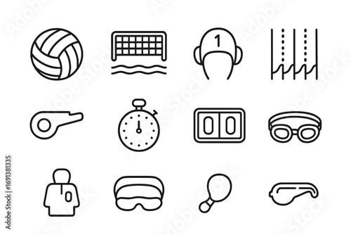 Water Polo Icons. Outline icon set of Water polo: ball, goal net, cap with number, swimming pool lanes,