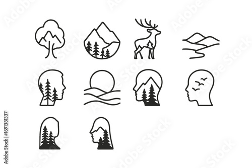 Nature Double Exposure Icons. Outline icon set of Nature double exposure: tree silhouette, mountain overlay,