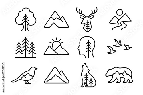 Nature Double Exposure Icons. Outline icon set of Nature double exposure: tree silhouette, mountain overlay,
