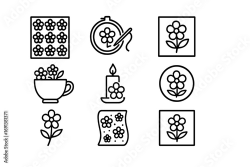 Flower Decor Icons. Outline icon set of Flower-inspired decor: floral pattern, embroidery flower, wallpaper