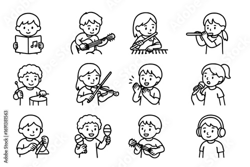 Musical Kids Icons. Outline icon set of children practicing music: child reading sheet music, child tuning guitar, child pressing