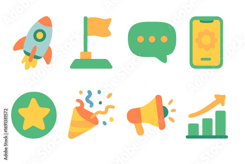 MVP Launch Icons. Flat vector mini-illustrations Minimum viable product launch in colors children's illustrations: rocket, flag on