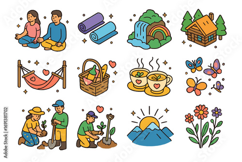Nature Retreat Icons. Colorful isometric vector icons set of love in nature retreats: couple meditating, yoga mats, waterfall with