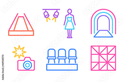 Neon Fashion Runway. Flat vector mini-illustrations Futuristic neon runway in colors children's illustrations: catwalk stage,