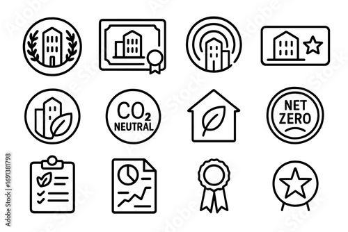 Net-Zero Certification Icons. Outline icon set of net-zero building certification: LEED badge, BREEAM certificate, WELL standard,