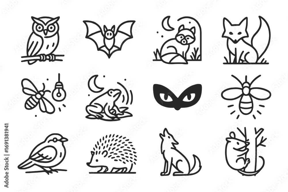 Obraz premium Nighttime Survival Icons. Outline icon set of Nighttime survival strategies: owl on branch, bat in flight, raccoon in moonlight,