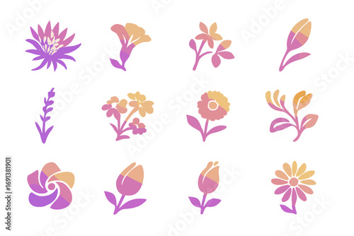 Night-Blooming Flora Icons. Gradient icons set of night-blooming flora offerings: night-blooming cereus, moonflower, jasmine sprig