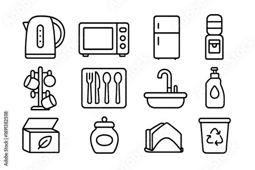 Office Kitchen Icons. Outline icon set of shared office kitchen items: kettle, microwave, fridge, water cooler, mug rack, cutlery
