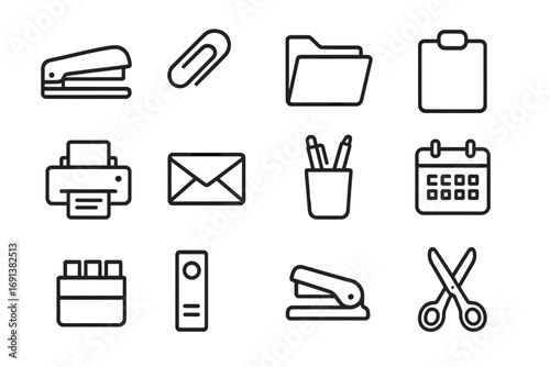 Office Stationery Icons. Outline icon set of office stationery: stapler, paperclip, file folder, clipboard, printer, envelope, pen
