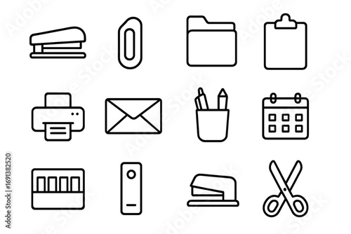 Office Stationery Icons. Outline icon set of office stationery: stapler, paperclip, file folder, clipboard, printer, envelope, pen