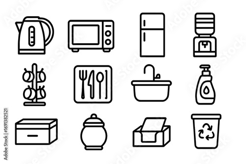 Office Kitchen Icons. Outline icon set of shared office kitchen items: kettle, microwave, fridge, water cooler, mug rack, cutlery