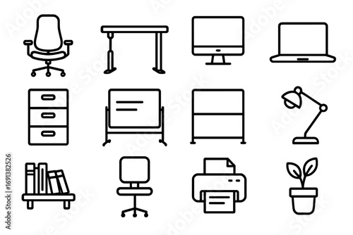 Office Workspace Icons. Outline icon set of office workspace design: ergonomic chair, standing desk, desktop computer, laptop,