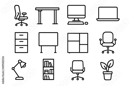 Office Workspace Icons. Outline icon set of office workspace design: ergonomic chair, standing desk, desktop computer, laptop,