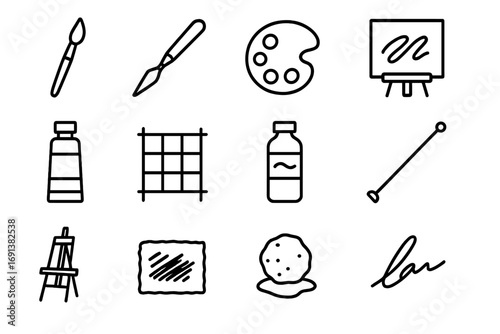 Oil Painting Icons. Outline icon set of oil painting essentials: round brush, palette knife, wooden palette, canvas with strokes,