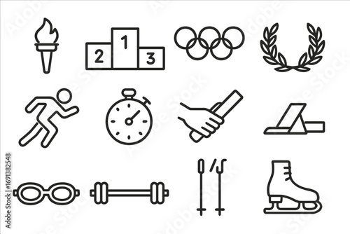 Olympic Icons Grid. Outline icon set of Olympic achievements: Olympic torch, medal podium, five rings symbol, laurel crown,