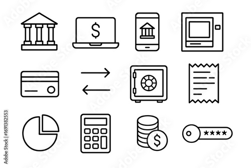 Online Banking Icons. Outline icon set of online banking: bank building, laptop with dollar sign, smartphone with banking app, ATM