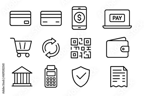 Online Payment Icons. Outline icon set of online payment basics: credit card, debit card, smartphone with dollar sign, laptop with