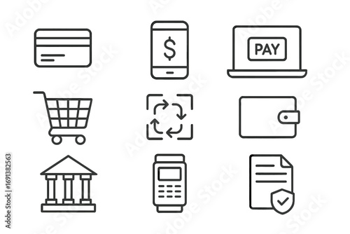Online Payment Icons. Outline icon set of online payment basics: credit card, debit card, smartphone with dollar sign, laptop with