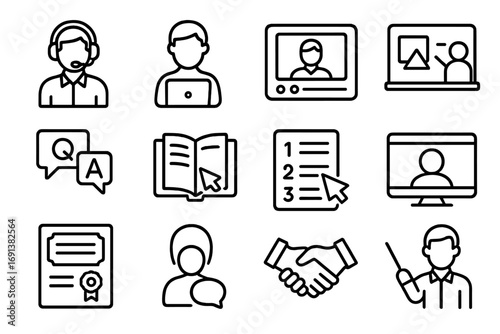 Online Tutoring Icons. Outline icon set of online tutoring and guidance: tutor with headset, student with laptop, video call