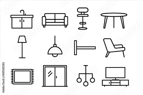 Open-Concept Icon Set. Outline icon set of open-concept living: kitchen island, sectional sofa, bar stool, dining table, floor