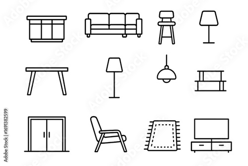 Open-Concept Icon Set. Outline icon set of open-concept living: kitchen island, sectional sofa, bar stool, dining table, floor