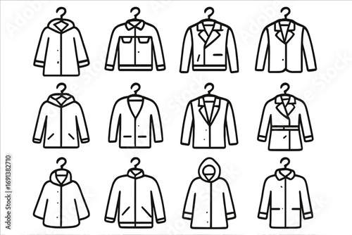 Outerwear Icon Set. Outline icon set of outerwear organization hooks: raincoat, denim jacket, leather jacket, bomber jacket,