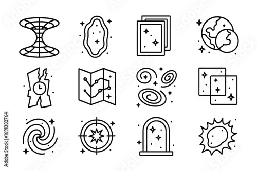 Parallel Universe Icons. Outline icon set of Parallel universe exploration: wormhole, cosmic portal, infinite mirrors, alternate