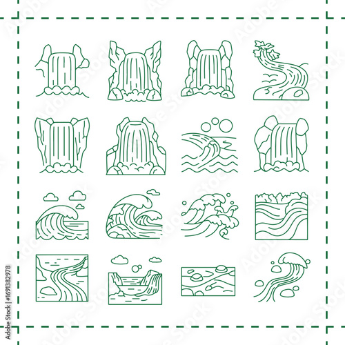 Line art icons of various water features including waterfalls waves and rivers.