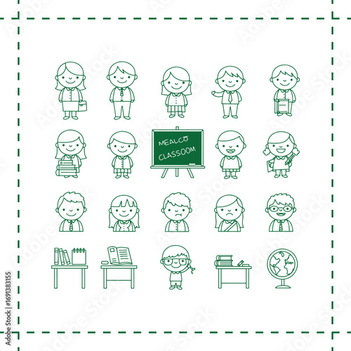 Cute line art school children and education icons set.