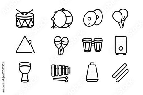 Percussion and Mining Icons. Outline icon set of percussion instruments for kids: snare drum, bass drum, cymbals, tambourine,
