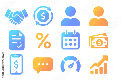 Peer-to-Peer Lending Icons. Gradient icons set of peer-to-peer lending: handshake, money exchange, borrower avatar, lender avatar,
