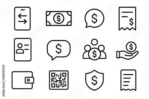 Peer-to-Peer Payment Icons. Outline icon set of peer-to-peer payments: smartphone transfer arrows, banknote, coin, split bill icon