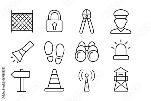 Perimeter Patrol Icons. Outline icon set of perimeter fence patrol: fence panel, padlock, bolt cutter, guard silhouette,