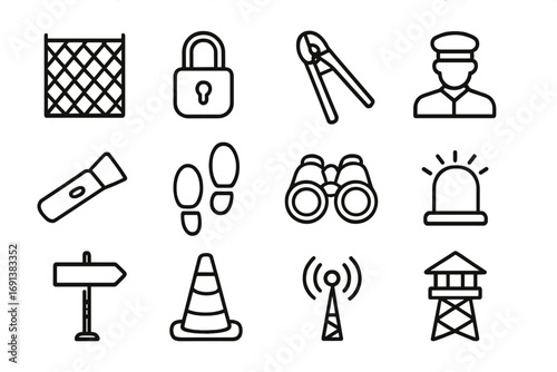 Perimeter Patrol Icons. Outline icon set of perimeter fence patrol: fence panel, padlock, bolt cutter, guard silhouette,