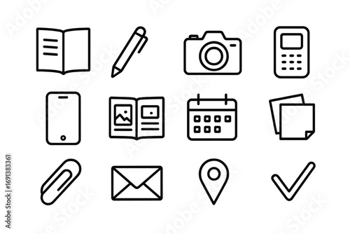 Personal Journal Icon Set. Outline icon set of Personal journaling & storytelling tools: notebook, pen, camera, voice recorder,