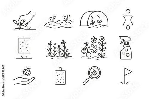 Pesticide-Free Icon Set. Outline icon set of Pesticide-free care & IPM: hand weeding, mulch layer, row cover fabric, pheromone