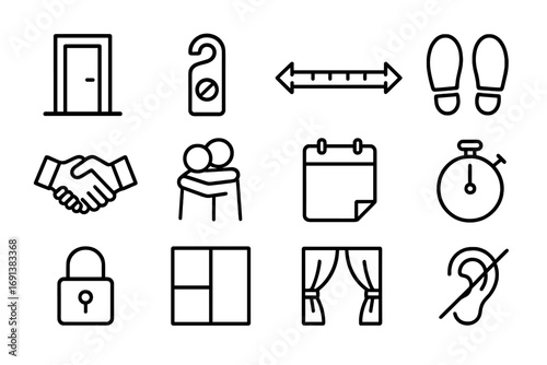 Personal Space Icons. Outline icon set of boundaries and personal space: door icon, do not disturb sign, distance ruler, footprint