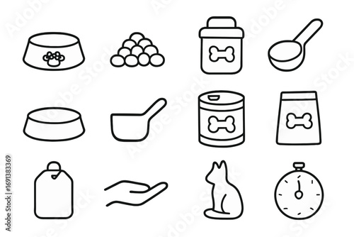 Pet Feeding Icons. Outline icon set of feeding time routine: food bowl, kibble pile, treat jar, scoop, water bowl, measuring scoop