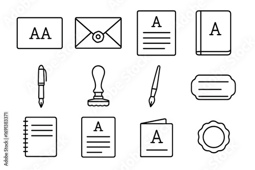 Personalized Stationery Icons. Outline icon set of personalized stationery basics: monogrammed notecard, envelope with wax seal,