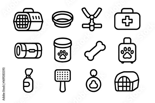 Pet Travel Essentials Icons. Outline icon set of pet travel essentials: pet carrier, collapsible water bowl, leash and harness,