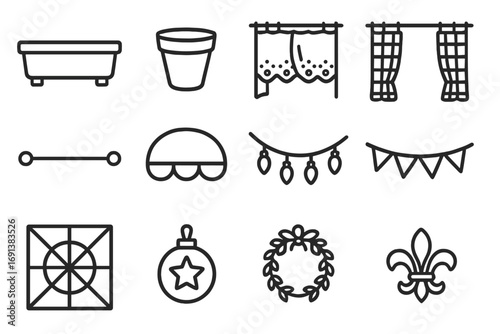 Playhouse Window Icons. Outline icon set of Playhouse window accessories: window box, flower pot, lace curtain, checkered curtain,